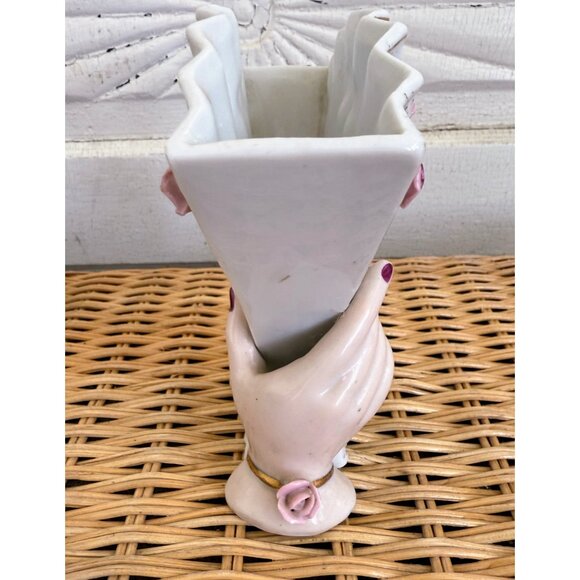 Vintage 50's Lefton Porcelain Hands Holding Fan Vase Roses Cottage Core - Picture 10 of 10